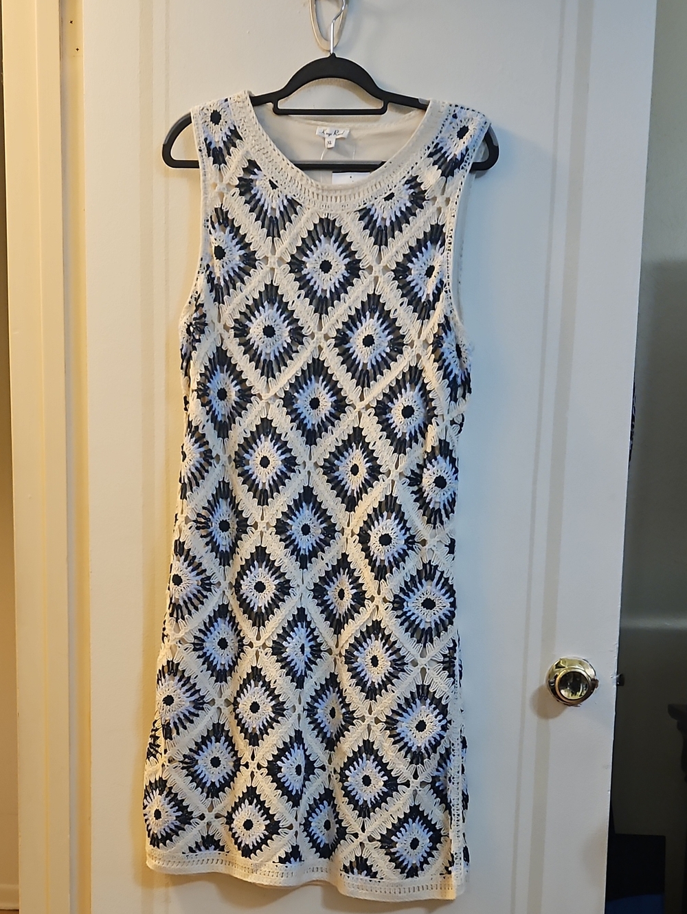 Crochet Diamond Midi Dress in White & Navy